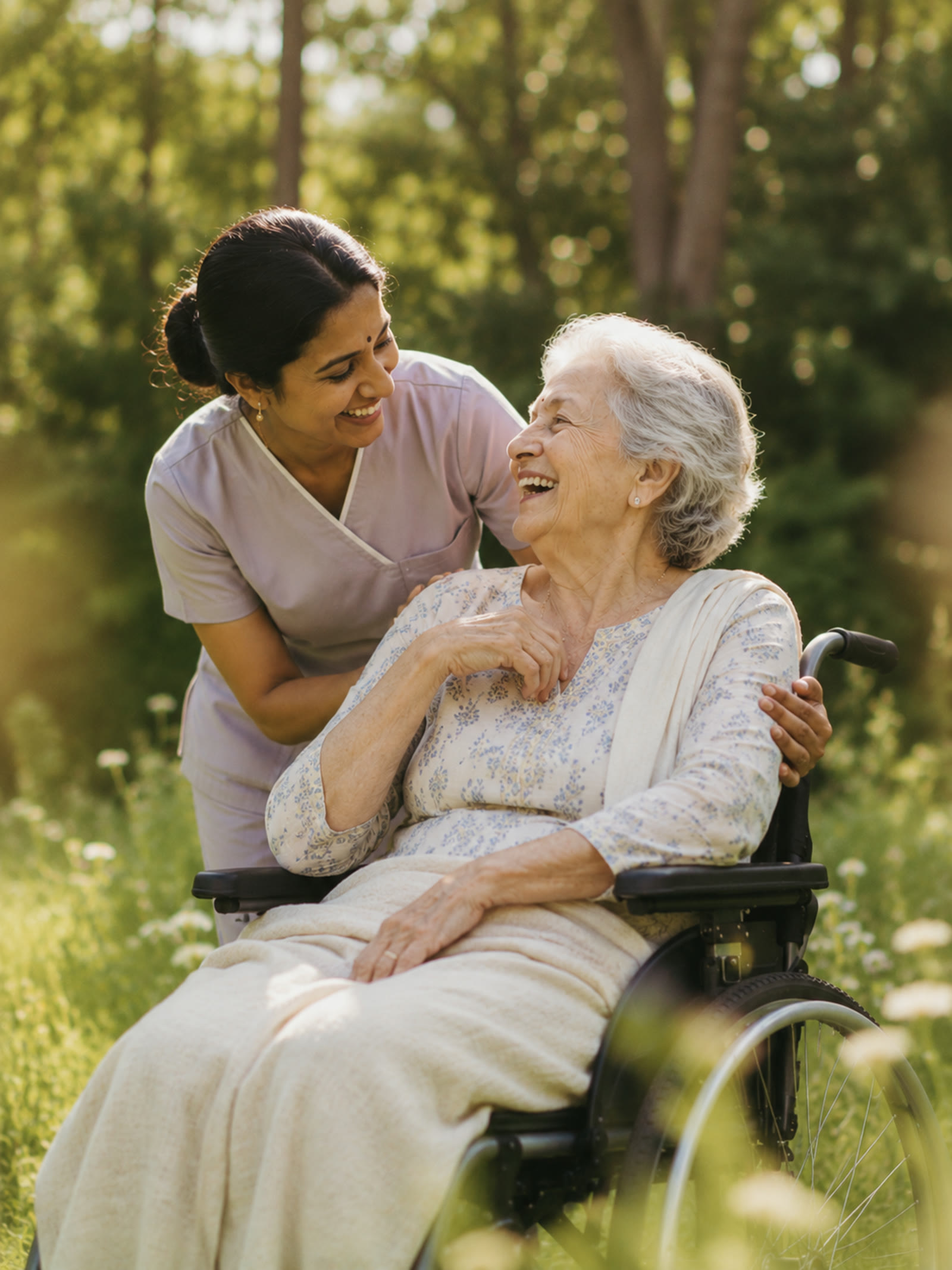 A caregiver with a patient in a wheelchair outdoors