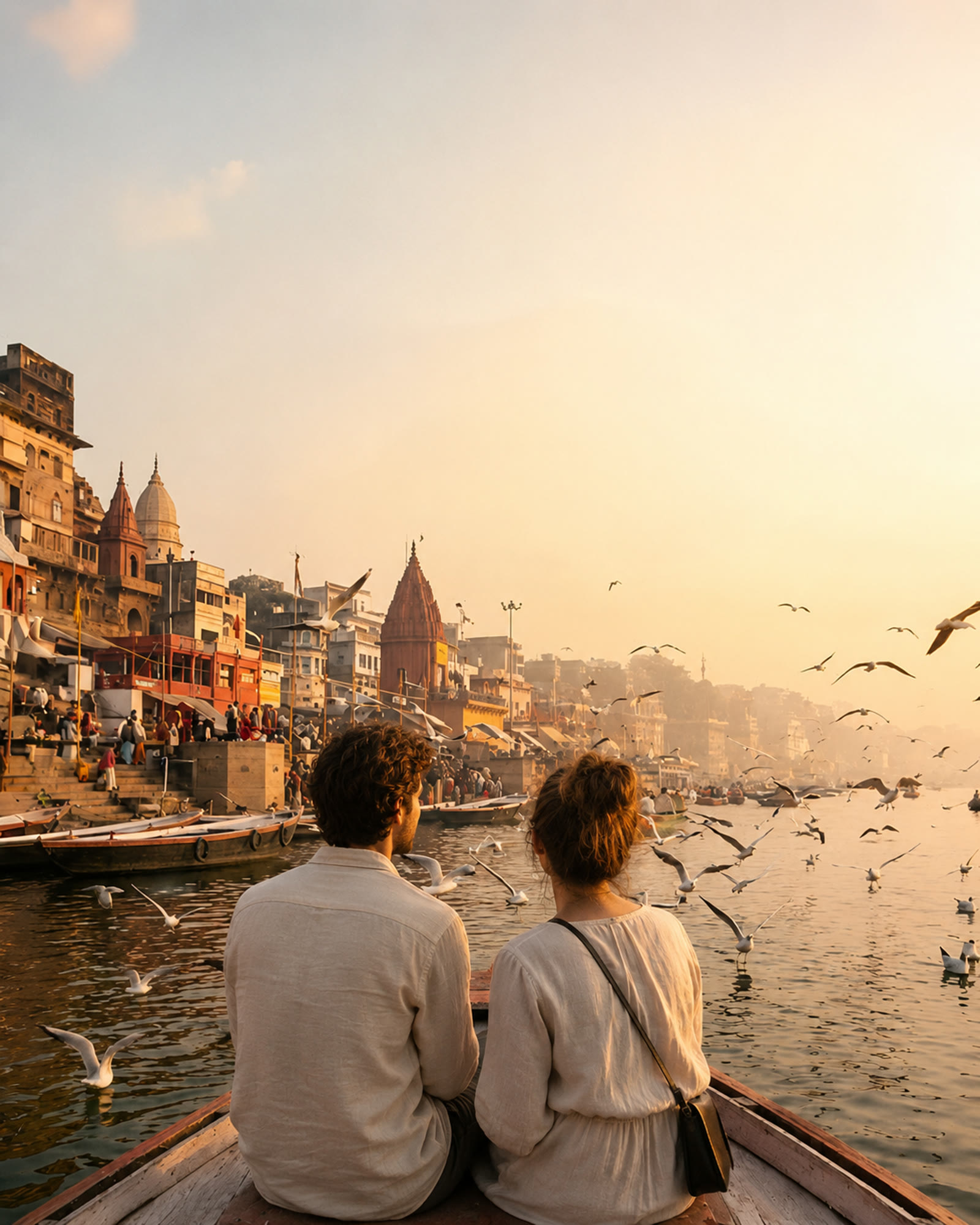 Travellers watching the Varanasi ghats from a boat at sunrise